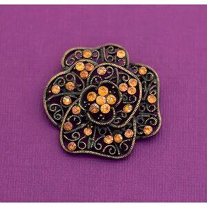 Vintage Art Nouveau Floral Rhinestone Bronze Tone Brooch - Q12